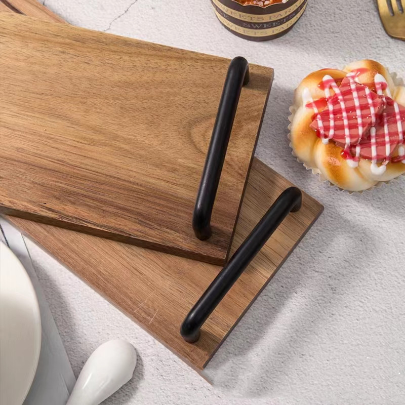 Acacia de madera cinta de madera mango de metal Acacia madera sólida bandeja de madera pastel bandeja de fruta bandeja de té de la tarde