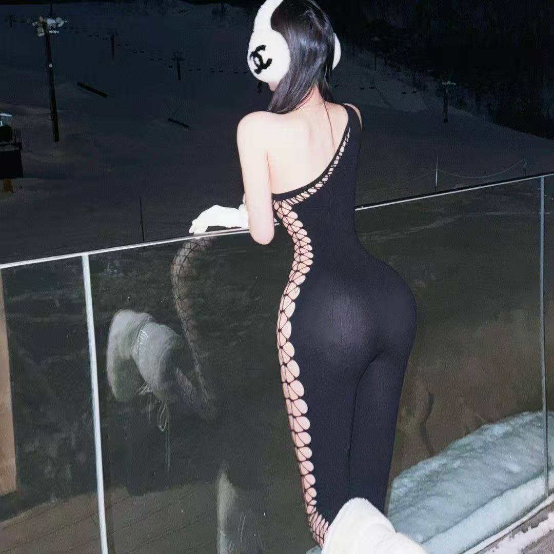 One-Shoulder Cut-Out Bodysuit, Black Mesh Polyester Jumpsuit, Asymmetrical Roleplay Outfit — detail image 3