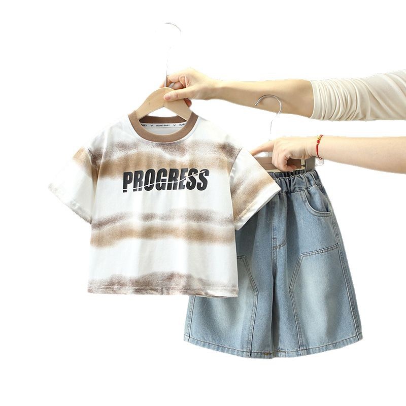 7915 traje de jeans de verano para niños 2025 nueva ropa de moda para bebés ropa para niños de dos piezas de verano