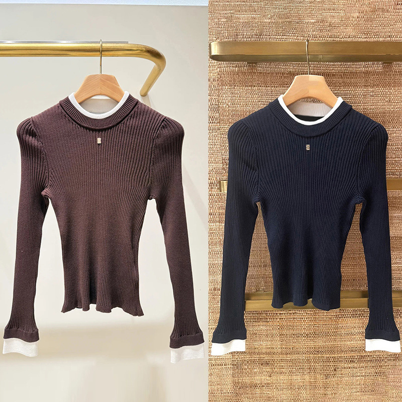 法式小众 2025秋冬单品格雷系修身螺纹撞白边圆领高弹针织衫25863