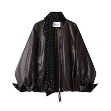 港风气质感PU皮衣外套早秋复古显夹克机车服短款黑色带丝巾