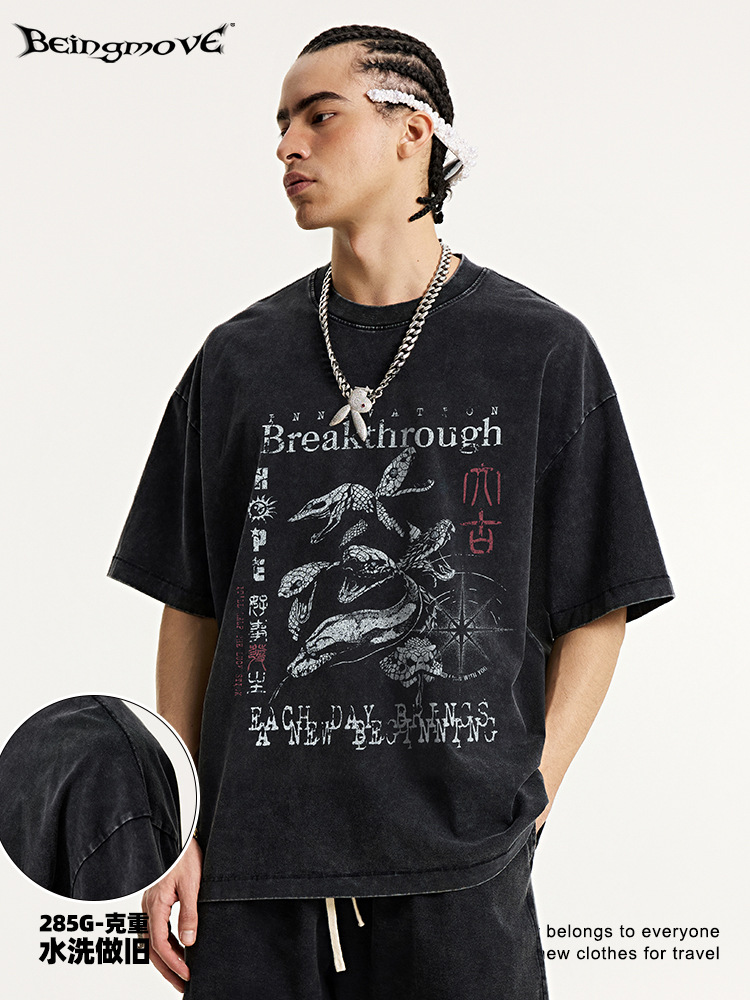 2025 verano marcas de tendencia europeas y americanas nicho oscuro diseño suelto impresión de año de serpiente hacer viejas camisetas de cuello redondo de manga corta para hombres