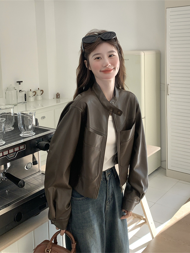Brown Leather Jacket for Women Spring & Fall 2025 New American Retro Small Pu Leather Jacket Motorcycle Jacket Hot Style