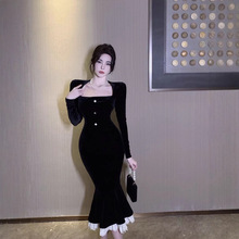 赫本风超仙韩版法式甜辣纯欲风鱼尾连衣裙蕾丝拼接修身显瘦长裙子