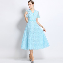 小香风连衣裙女法式高级感甜美娃娃领短袖收腰显瘦长款蕾丝礼服裙