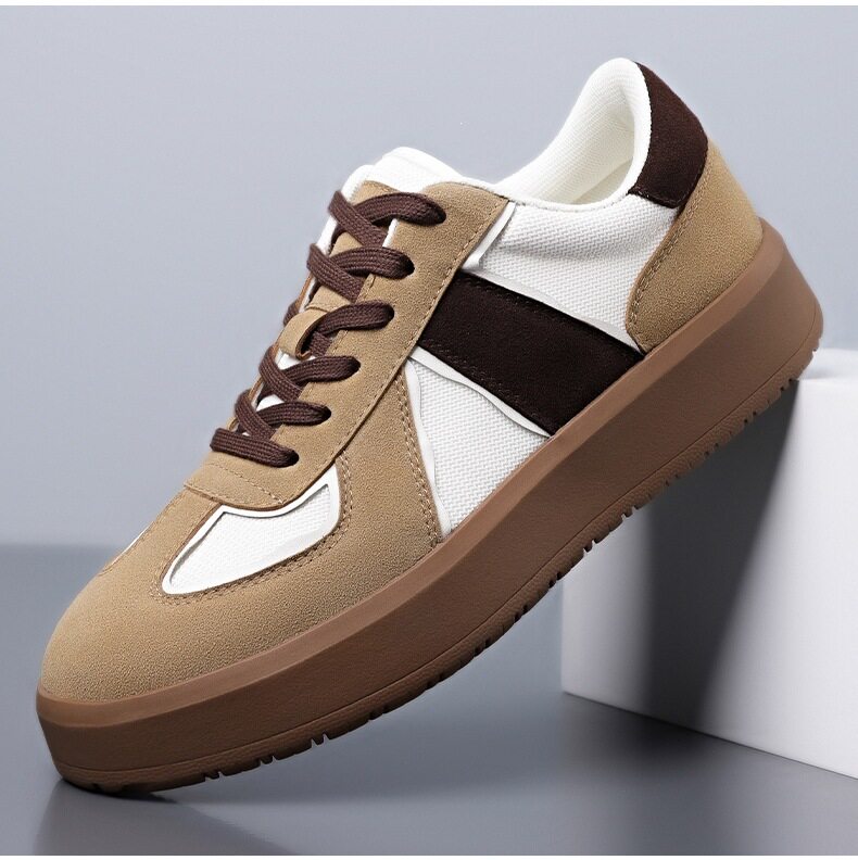 Giày sneaker nam cổ thấp phối màu, mũi tròn, đế cao su, thoáng khí, dây buộc — Màu lạc đà, Màu trắng chi tiết 12