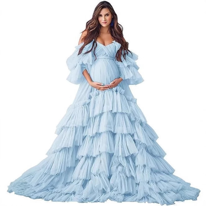 Cross-Border Supply of Maternity Photography Dresses, One-Shoulder Multi-Layered Tulle Cake Dresses, Plus-Size Trailing Photo Shoot Dresses Wholesale