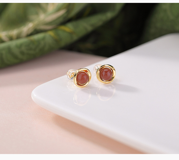 Bông tai đinh tròn Mobius bạc S925 mạ vàng đính đá jasper mã não đỏ — phong cách Nam Hồng chi tiết 4