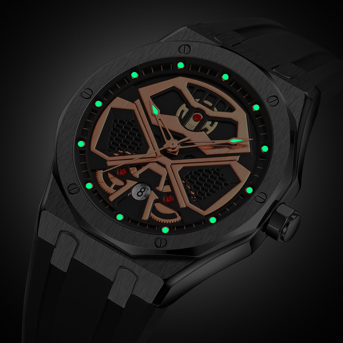 Momento de fábrica de los Estados Unidos hombres relojes de pulsera mecha octogonal de silicona hueco correa impermeable relojes de cuarzo transfronterizos al por mayor
