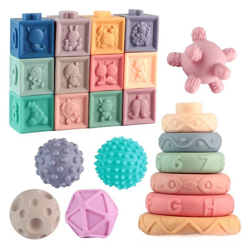 Cross-border Amazon Export Baby Soft Rubber Toy Combination suit Large Particle Building Blocks Stackle Hand-held Ball Toy