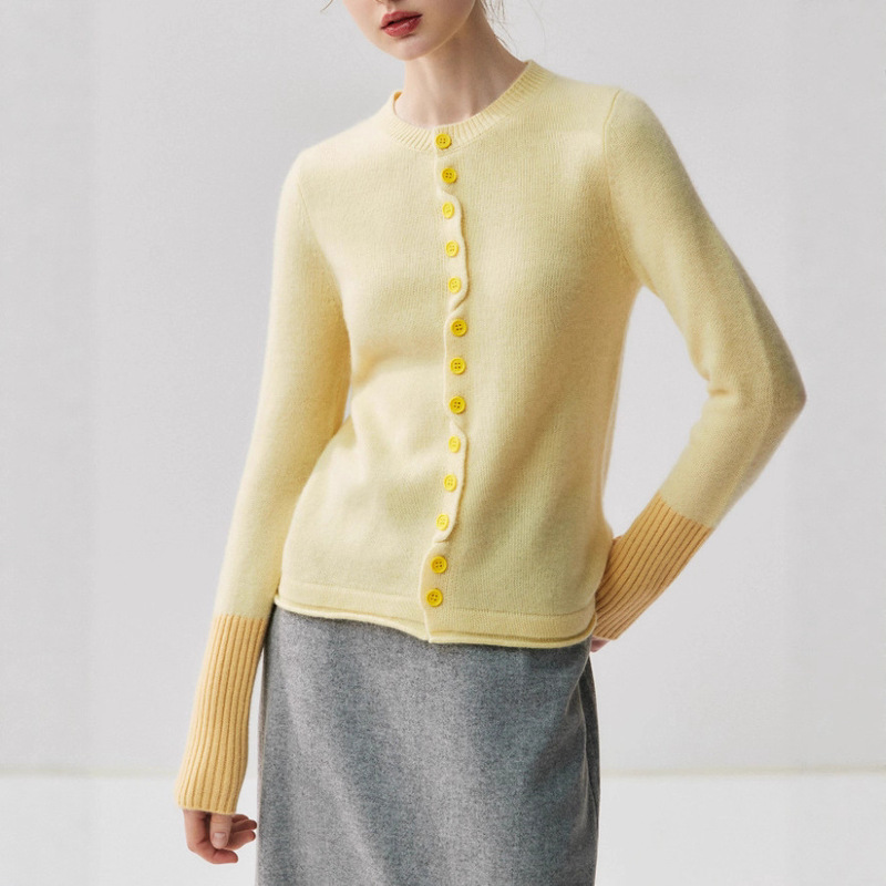 Color Art Basic Aesthetics Baby Cashmere Knitted Cardigan Women's Round Neck Sweater Slim Fit Autumn Jacket