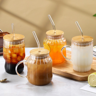 High Borosilicate Cross-Border Glass Straw Cup Stripesd Glass Cold Drink Cup Milk Cup Popular Hot Drink Cup Thickeneded