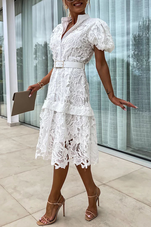 Women's Gender Button Design Elegant Style Wholesale Women's Elegant Button Solid Color Holiday Date Standing Collar Short Sleeve Regular Dress