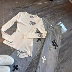 【ワッフル】ギャル風クロスプリント丸首長袖tシャツ