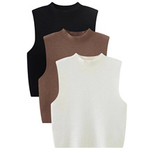 跨境外贸TK亚马逊欧美半高领背心女士无袖针织衫修身打底衫上衣