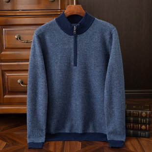 Autumn and Winter New 100 Mountain Cashmere Sweater Men's Half Zipper Half Turtleneck Sweater Men's Thickened Middle-aged Base Shirt