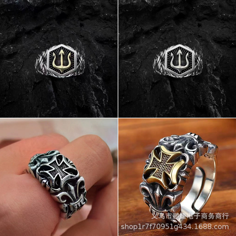 Vintage Thai Silver Plated S925 Cross Anchor Ring for Men, Unique Hip-Hop Punk Trendy Men's Adjustable Ring