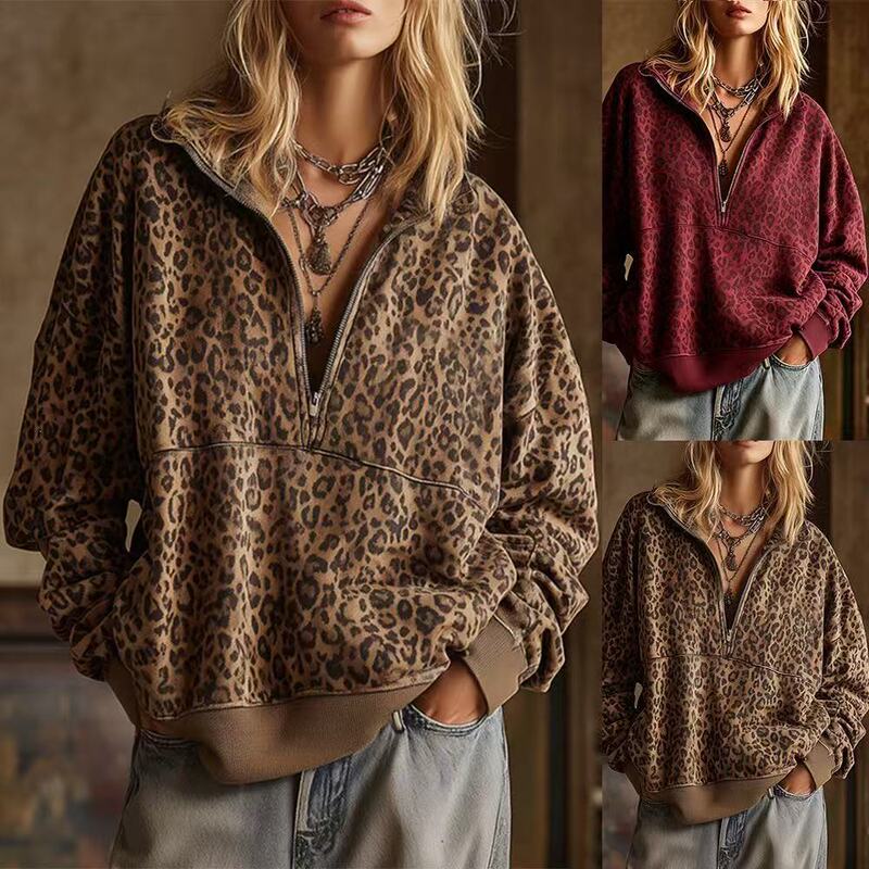 2026 New European and American Cross-Border Foreign Trade Women's Clothing Autumn New Style Turn-Down Collar Zipper Retro Leopard Print Loose Sweatshirt