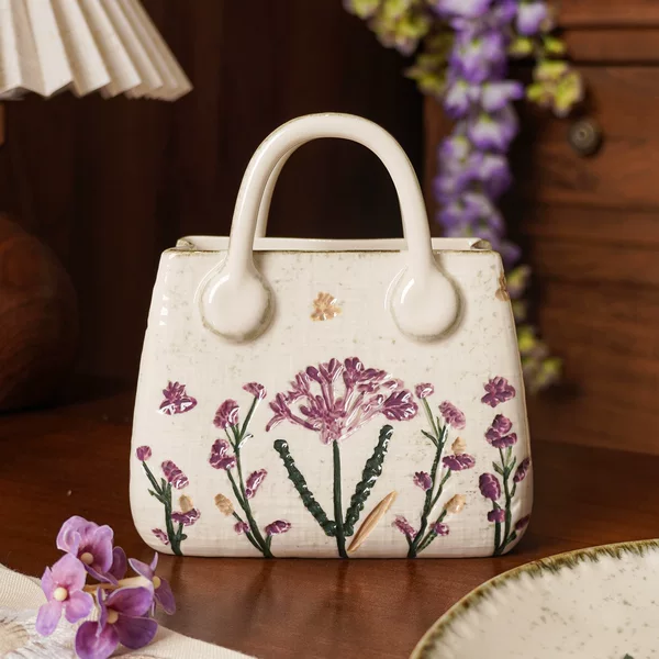 Williamwilde Retro Ceramic Creative Tote Bag Chopstick Holder Purple Floral Pattern Chopstick Holder Vase
