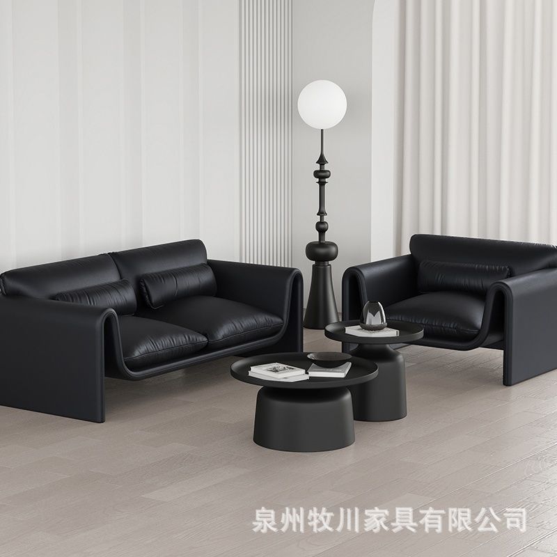 Sofa for Small Living Room, Simple Double Luxury, Trendy Three-Seater Black Leather Italian Minimalist Sofa Set