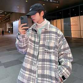 格子风衣男春秋款ins港风痞帅炸街毛呢外套韩版潮流男士呢子大衣
