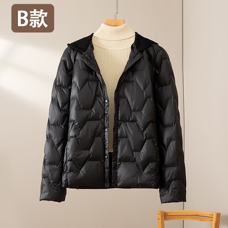 Cross-border Autumn and Winter Lightweight Hooded Down Jacket Women's Short Knitted Hat Fashionable V-Neck Oversize Loose Jacket