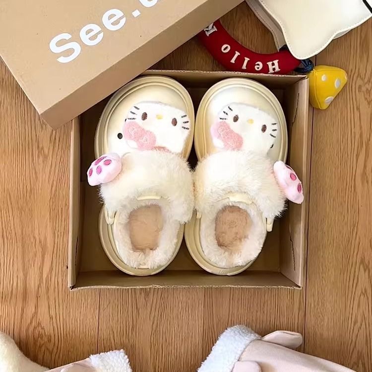 可爱凯蒂猫厚底毛毛鞋女2025秋冬新款少女心猫爪加绒保暖包头拖鞋|undefined