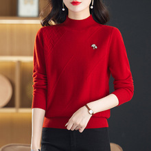 半高领红色毛衣女秋冬2024新款宽松打底妈妈加厚保暖纯羊毛衫
