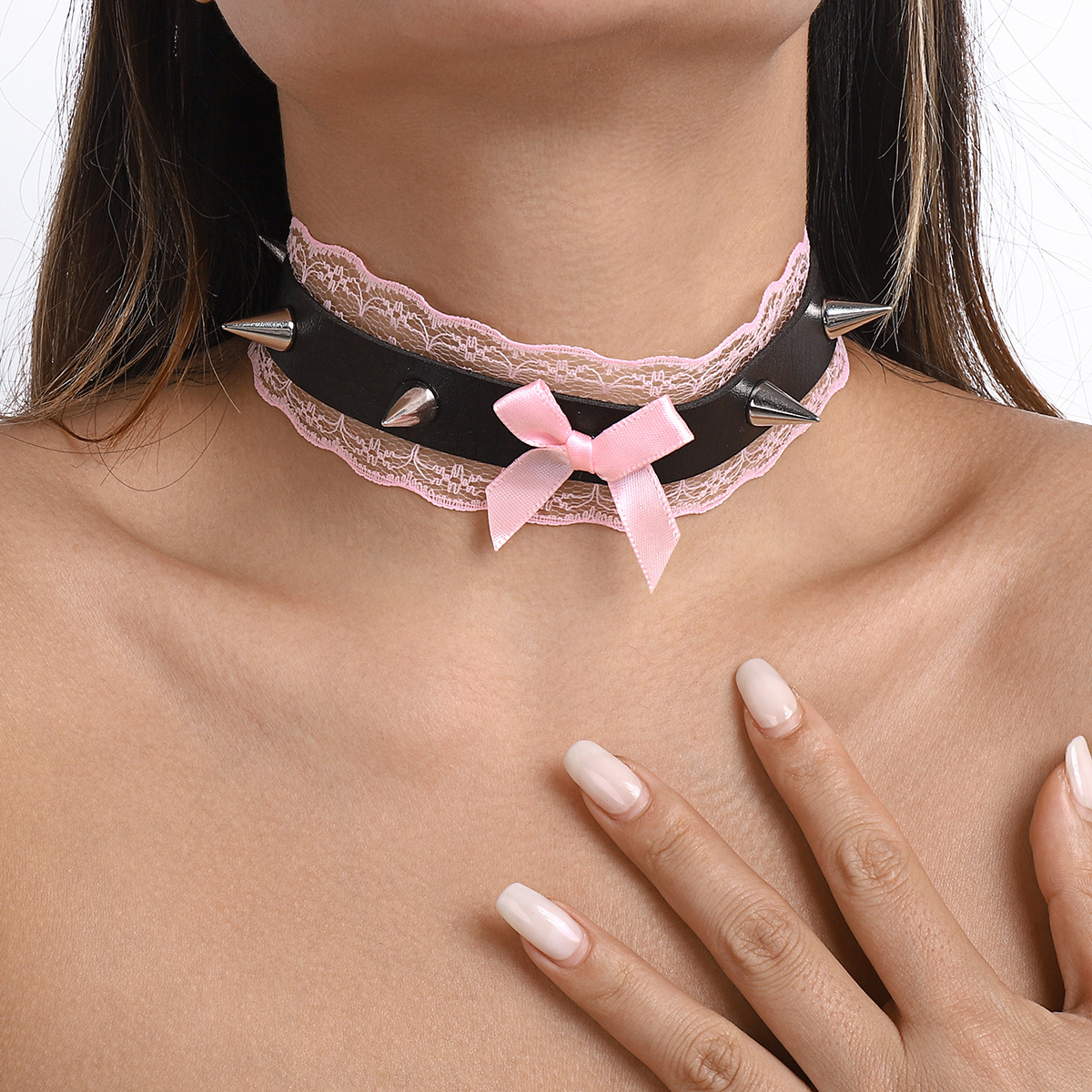 Punk Geometric Bow Knot Pu Lace Choker 1 Piece display picture 2