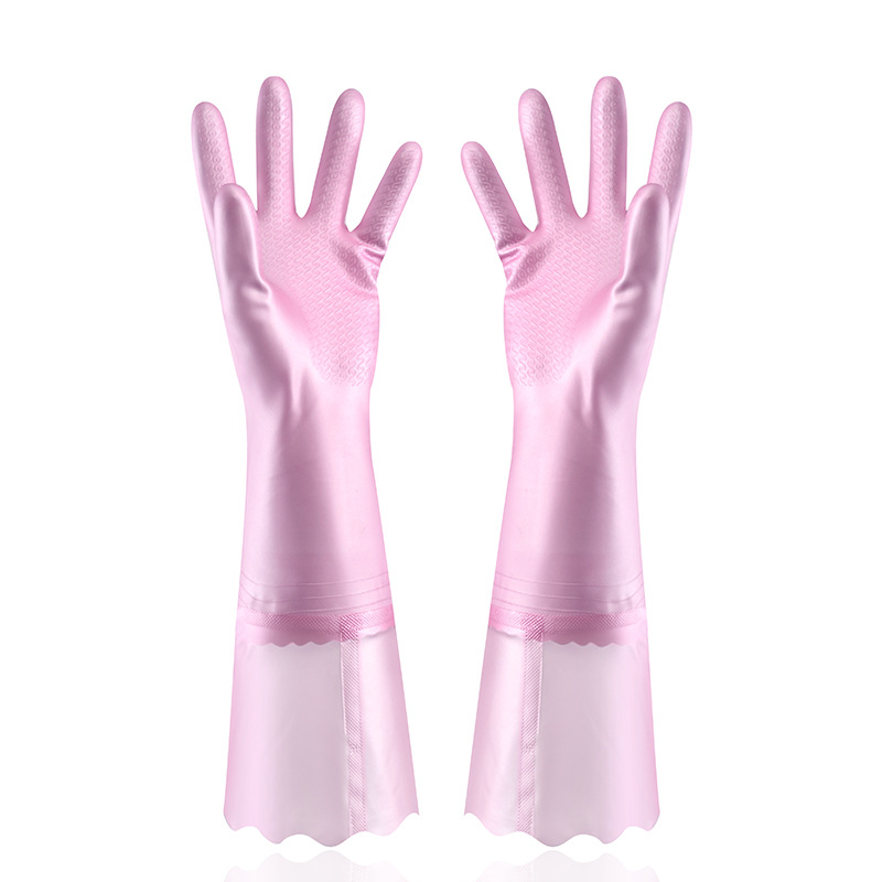 Engrosado flocado guantes de cocina para el hogar lavado de vajilla de limpieza de lavandería trabajo doméstico guantes de goma a prueba de agua forrado de lana al por mayor