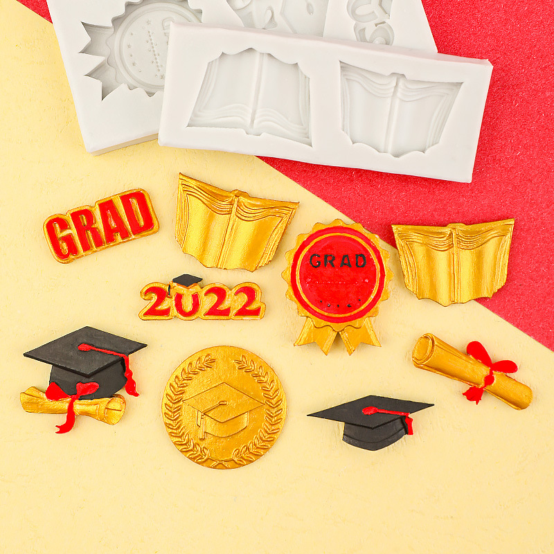 Temporada de graduación Molde de silicona Gorra de doctorado Medalla de medalla Molde de rollo de libro Decoración de pastel de bricolaje de chocolate con goteo