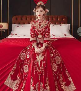 2022 long sleeve XiuHe take the bride and groom wedding couple costume show thin round collar thin Chinese style wedding dress