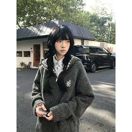 版型拼接秋冬2026美式格纹连帽复古原版毛衣外套女图片色均码其他