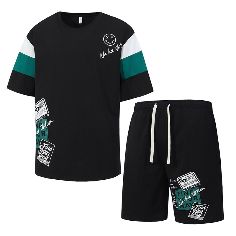 Conjunto deportivo de verano para hombre, cuello redondo, pantalones cortos, manga corta, informal, de dos piezas, camiseta, estilo juvenil, moderno y a la moda.
