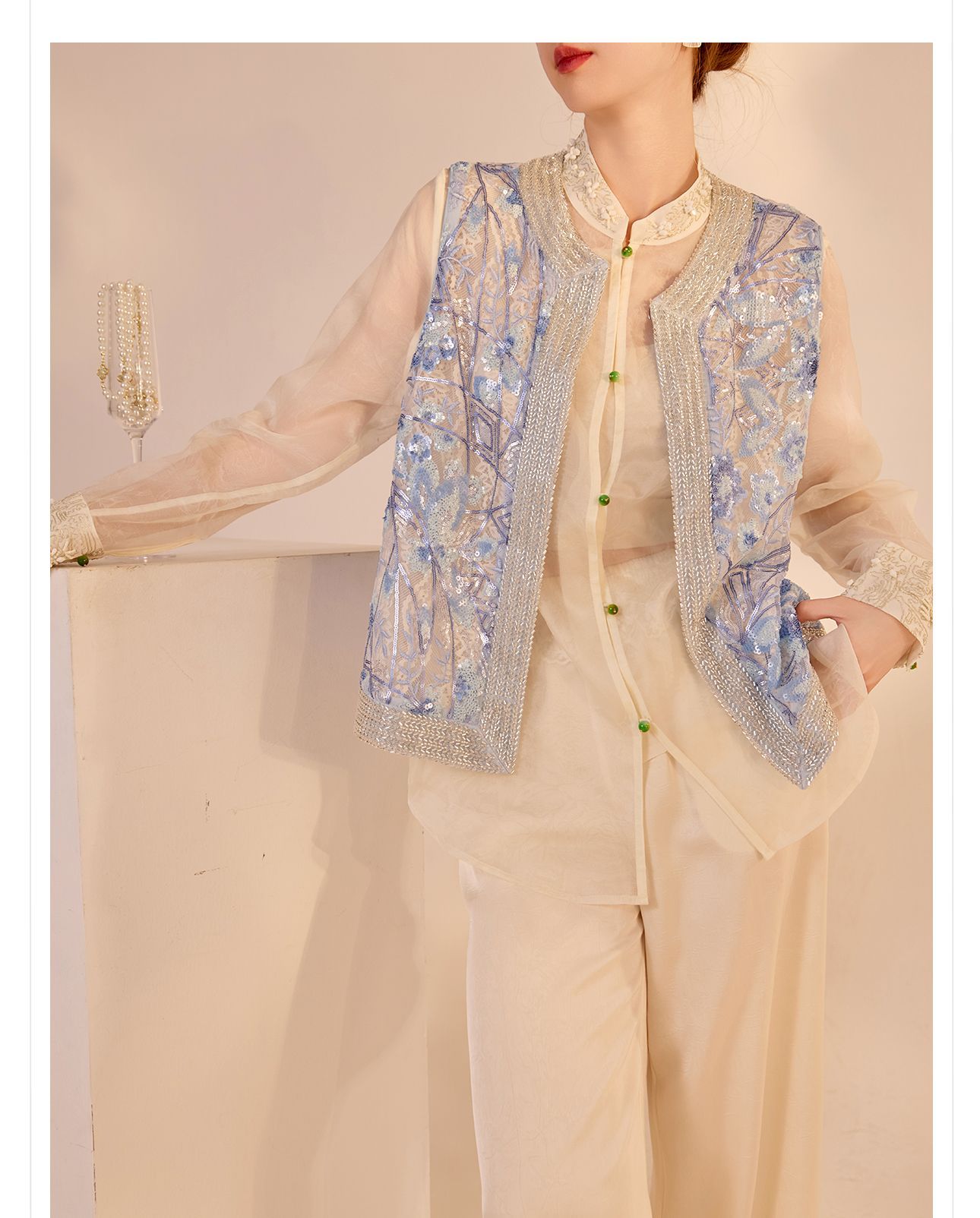 Áo vest gile nữ không tay thêu đính cườm phong cách Trung Quốc mới — màu xanh chi tiết 12
