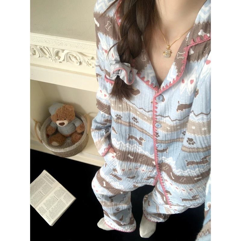 卡通跨境睡衣女春秋季长袖套装宽松大码云朵棉纱布家居服可爱外穿|undefined