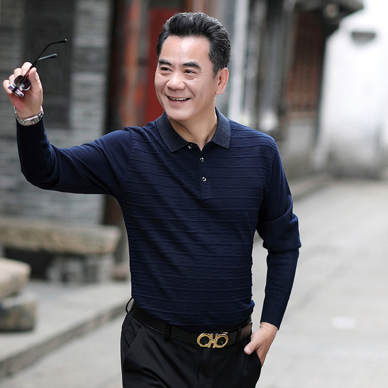 Dad's Spring Clothes Long-sleeved T-shirt Middle-aged Men's Autumn Polo Shirt Men's Middle-aged and Elderly Grandpa Base Shirt