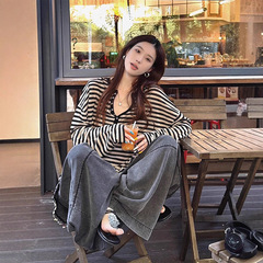 美式撞色条纹纽扣半开领T恤女夏季薄款长袖罩衫休闲显瘦慵懒上衣