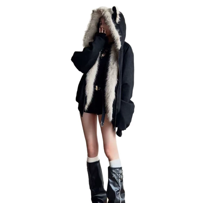 Black demi-season down jacket with hood, increased thickness