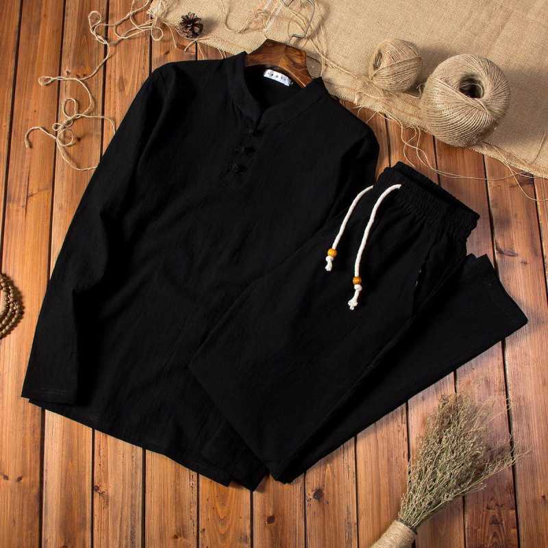 Linen suit Men's Long-sleeved Trousers Spring and Autumn Men's Middle-aged and Elderly Dad Casual plus size Summer Cotton and Linen Two-piece Set