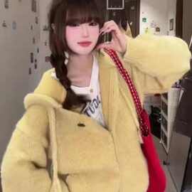 韩系连帽软糯黄色针织开衫上衣女早秋季穿搭宽松慵懒风毛衣外套冬