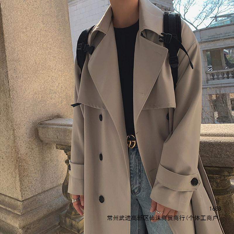 Men's double-breasted trench coat, Korean style, loose fit, trendy, stylish, and fashionable mid-length coat for students.