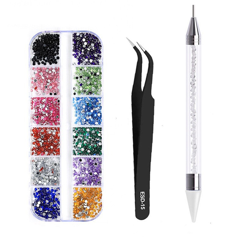 Hot Selling 12-Grids Rhinestone Rectangular Box Jewelry Drill Plus Diamond Crayon Plus Tweezers Manicure Set Double-Ended Dot Drill Pen