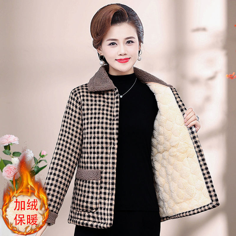 Autumn and Winter new fleece-lined thickened cotton-padded coat for women warm lapel for middle-aged and elderly mothers Plaid lightweight fur collar cotton-padded coat for women