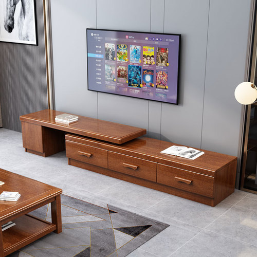 Walnut TV cabinet coffee table combination living room wall storage video cabinet modern Chinese solid wood retractable floor cabinet