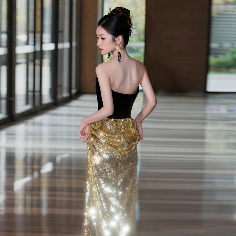 Đầm maxi nữ thắt eo kiểu Pháp, tay ống, phối sequin lấp lánh, dáng dài dự tiệc — Màu như hình