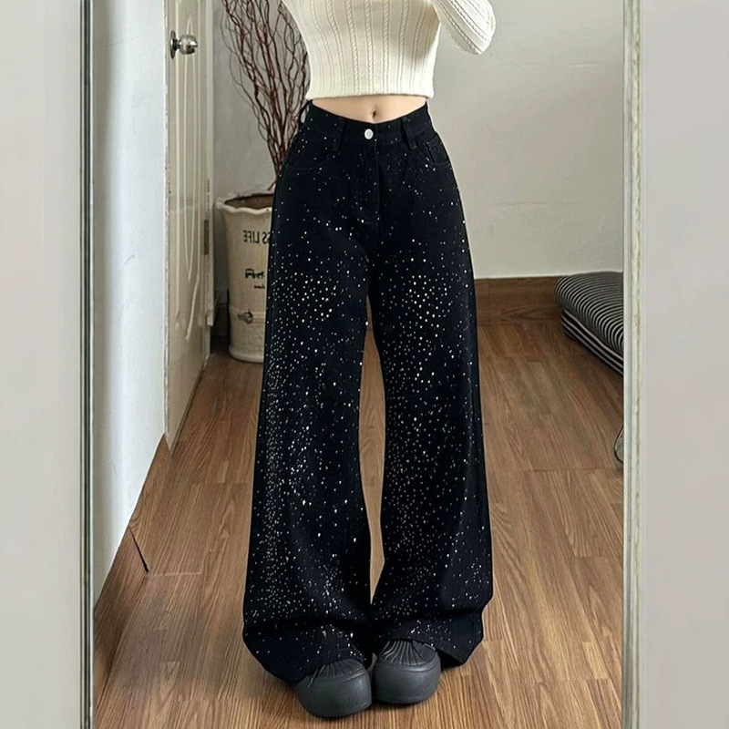 Designer-Style Splatter-Ink Rhinestone Jeans for Women, New Summer American Retro Hot Girl Fashion Shiny Floor-Length Pants Designer-Style Splatter-Ink Rhinestone Jeans for Women, New Summer American Retro Hot Girl Fashion Shiny Floor-Length Pants