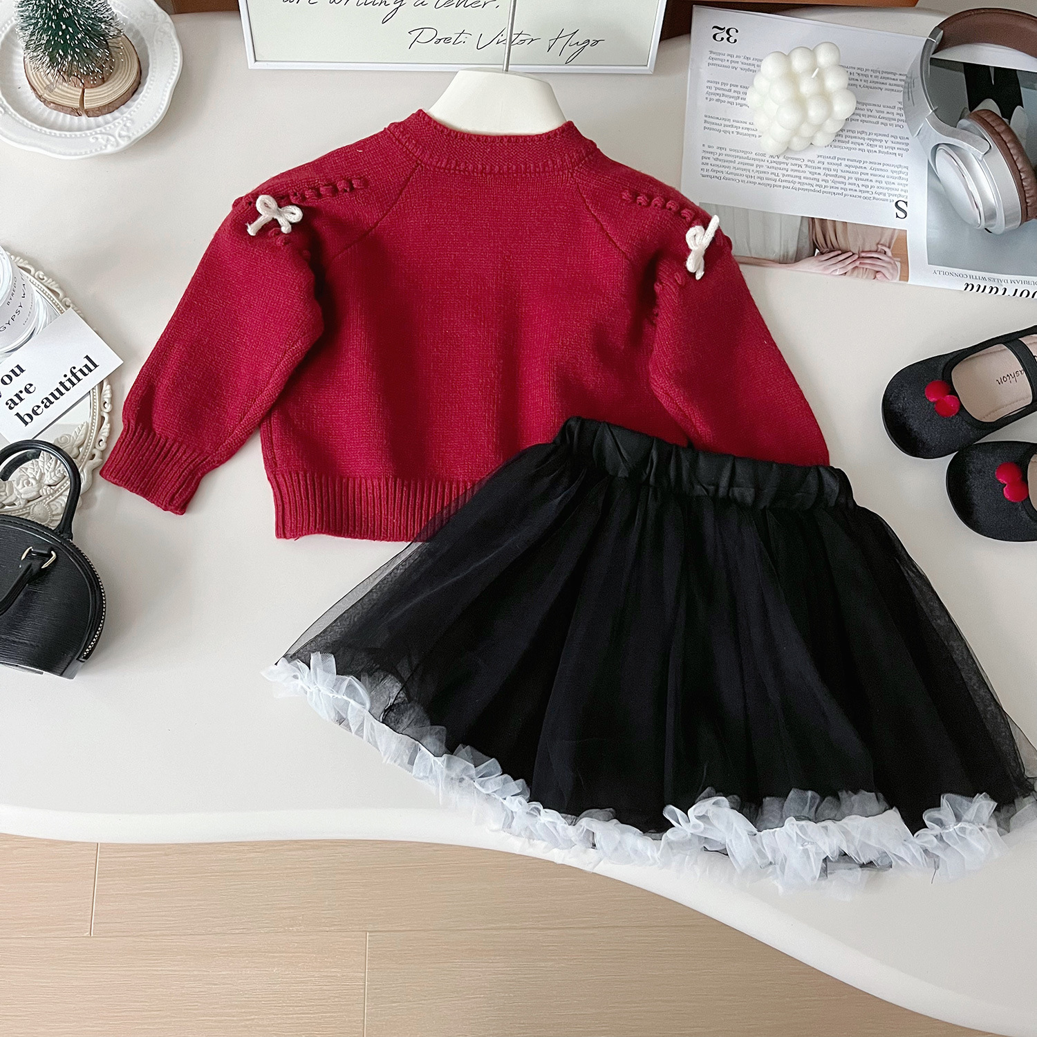 Cardigan tricoté pour filles, nouvelle version coréenne d'automne 2024, veste pull élégante, ensemble deux pièces jupe princesse 67516_voghion.com