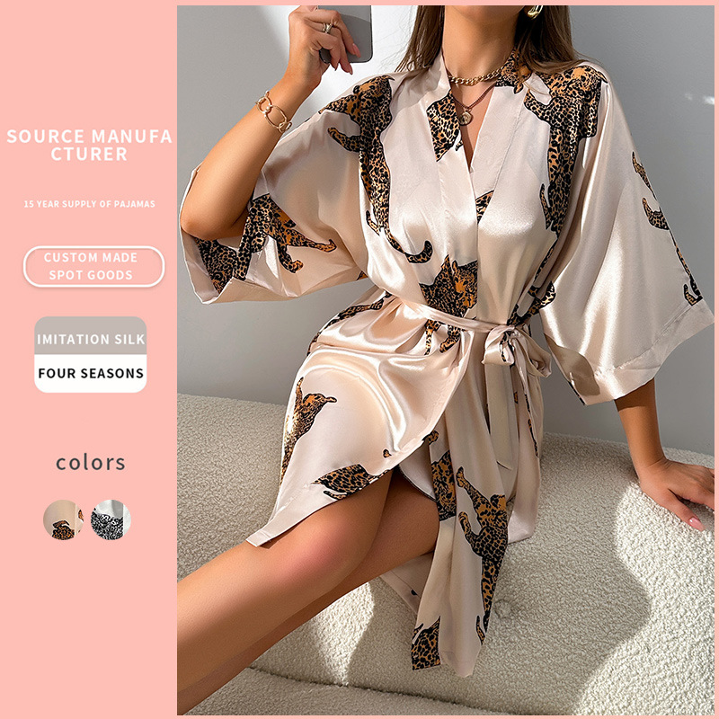 Denilin Cross-border Sexy Casual Home Clothes Simple Fashion Cardigan Lace-up Bathrobe Women's Silk Nightgown Pajamas