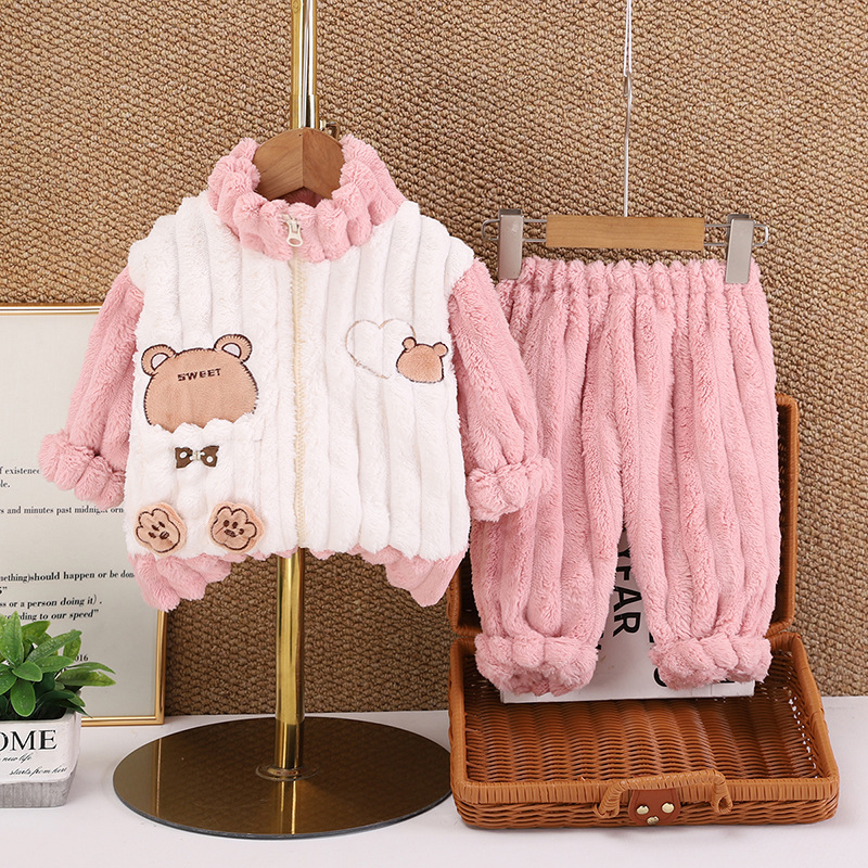 Hombres y niñas invierno ropa casera con cremallera nueva ropa de bebé con pijamas de peluche gruesas de dos piezas